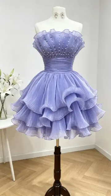 Niche Purple Homecoming Dress , Beaded Tulle Tiered Corset Mini Party Dress RS1463