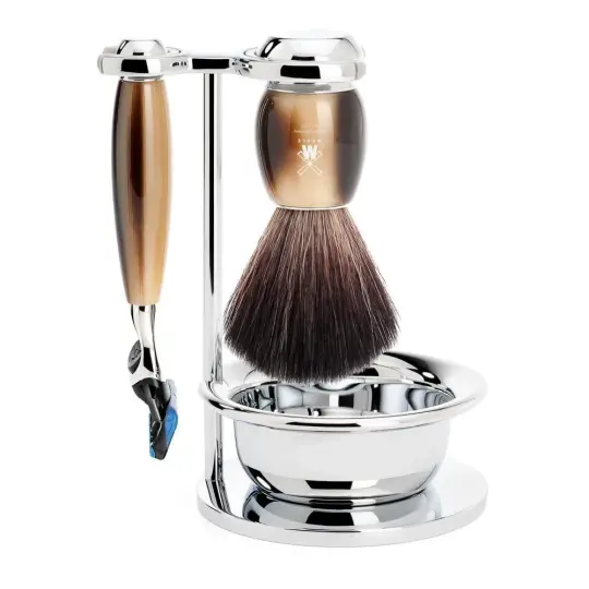 MÜHLE VIVO 4 Pc. Shaving Set, Black Fibre Brush & Gillette® Fusion™ Razor, Horn Brown