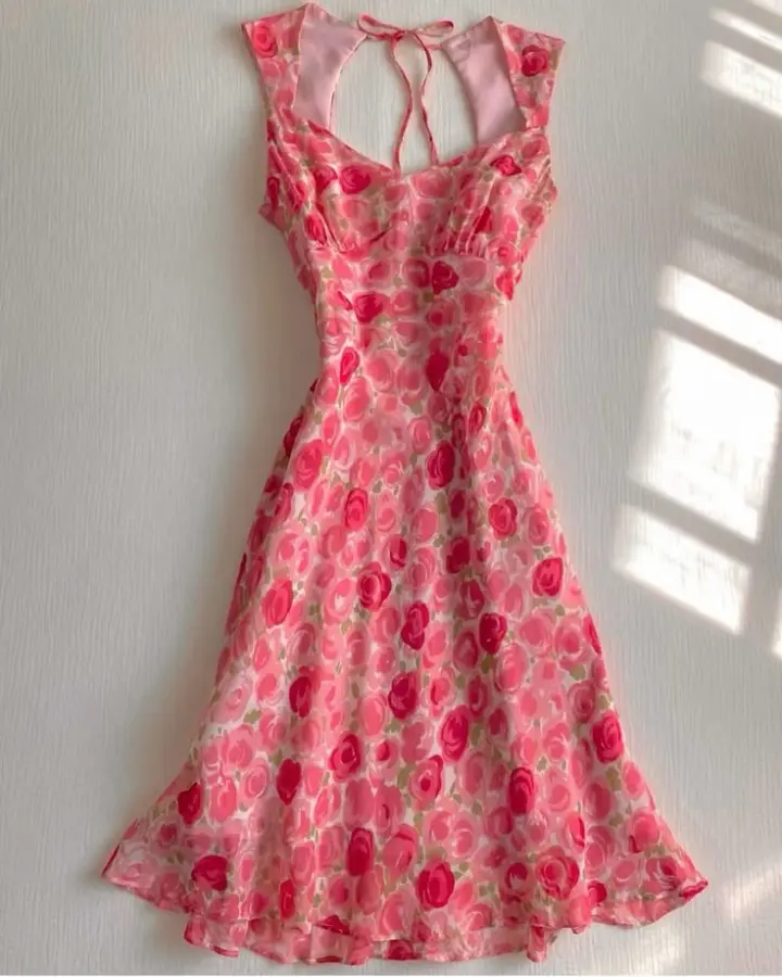 Pink floral waist slim A-line short skirt homecoming dress R3202