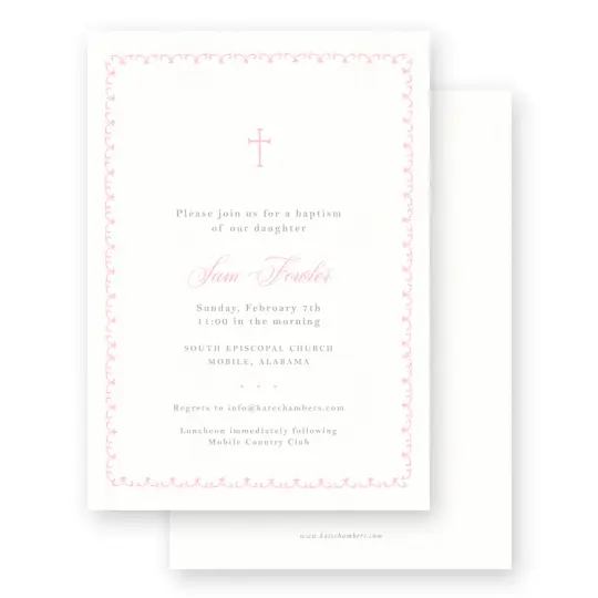 Pink & Grey Simple Cross with Detail Border Baptism Invitation