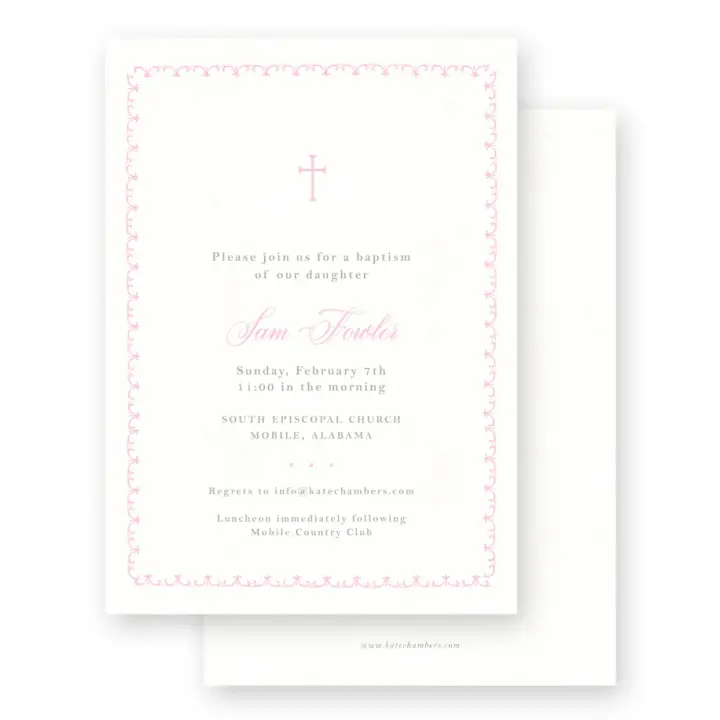 Pink & Grey Simple Cross with Detail Border Baptism Invitation