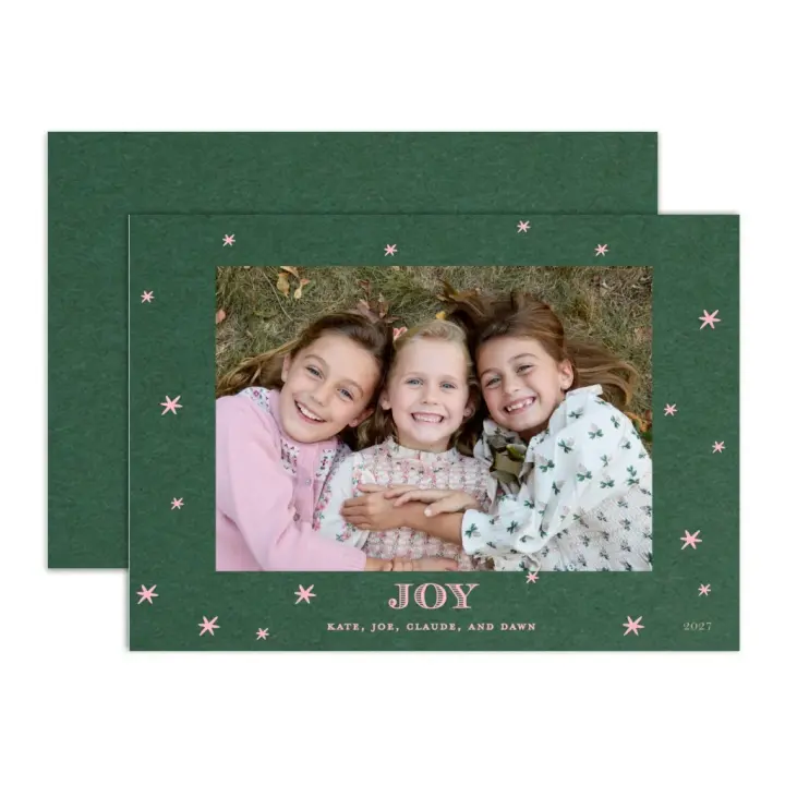 "Joy" Green with Pink Foil Printed Photo Attached Holiday