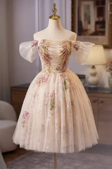 Eelgant Champagne Homecoming Dress ,A-Line Strapless Applique Corset Prom Dress RS806