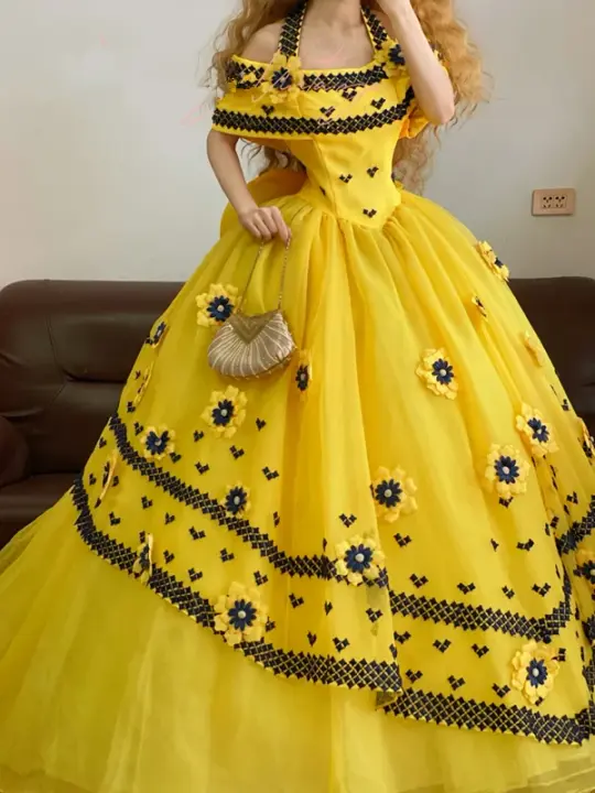 Yellow Off-the-Shoulder Waist-Cinched Elegant Puffball Skirt Ball Gown, Bridal Gown R7345