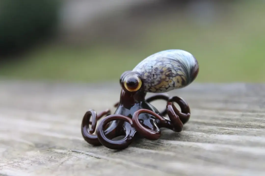 Brown-Blue Miniature Glass Octopus Figurine Brown Ocean Animal Miniature Handmade Sculpture
