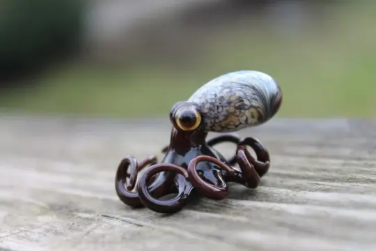 Brown-Blue Miniature Glass Octopus Figurine Brown Ocean Animal Miniature Handmade Sculpture