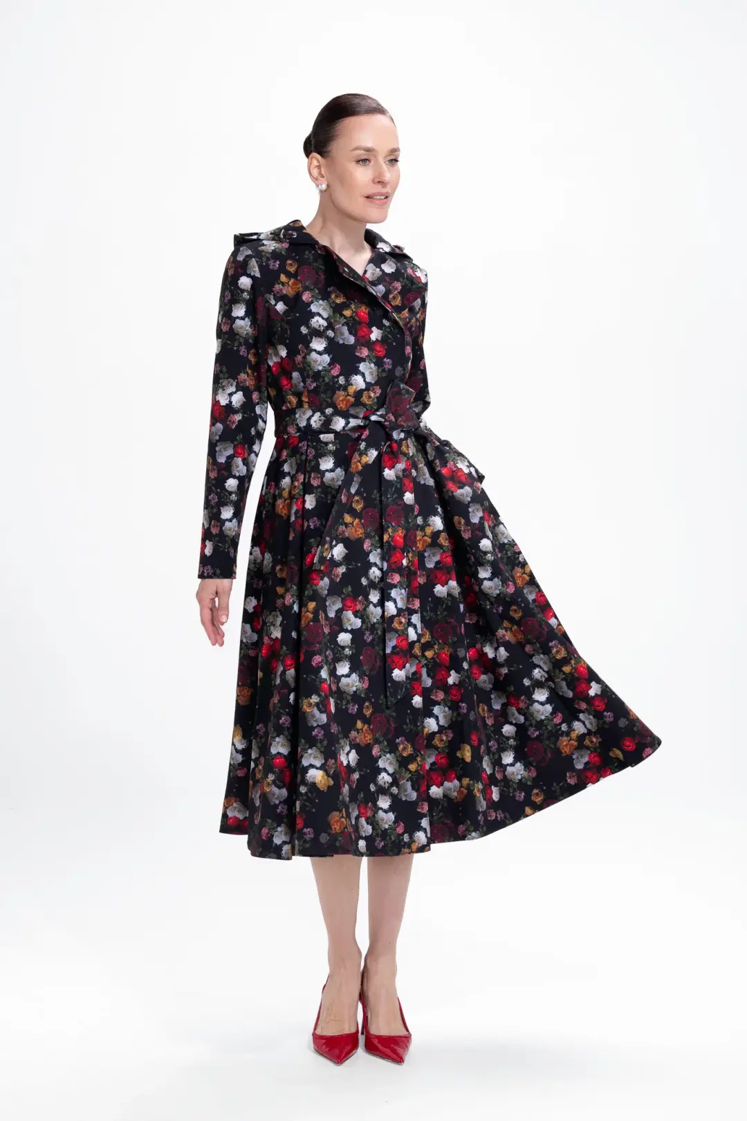 Double Breasted Trench Coat in Black and Red | Rose Garden