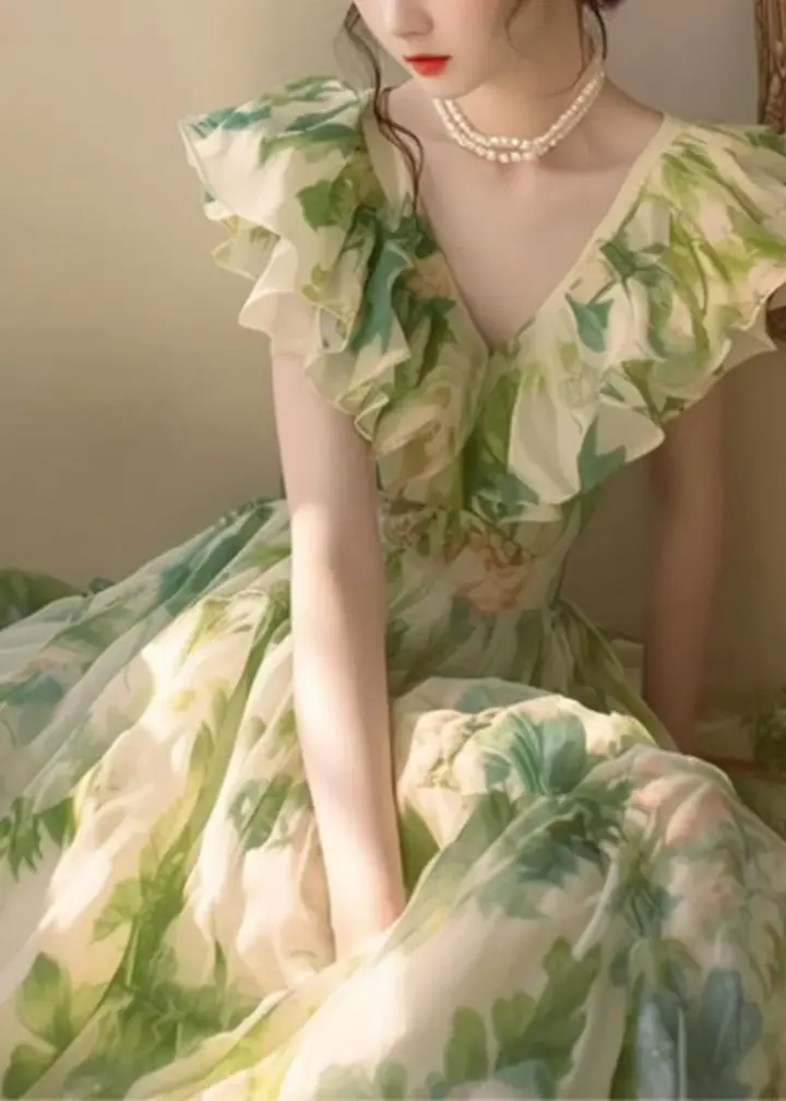 Green Fresh Floral V-neck Waist Long Skirt Homecoming Dress R3126