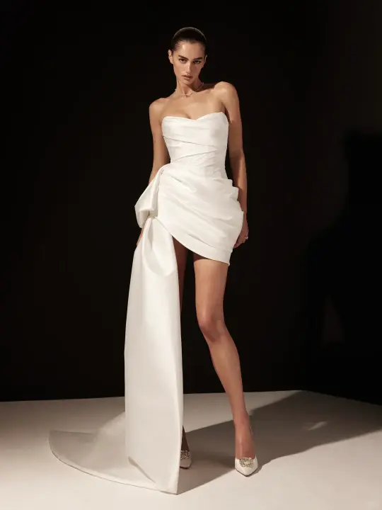White satin tube top waist slim hip sexy design short skirt homecoming dress R4366