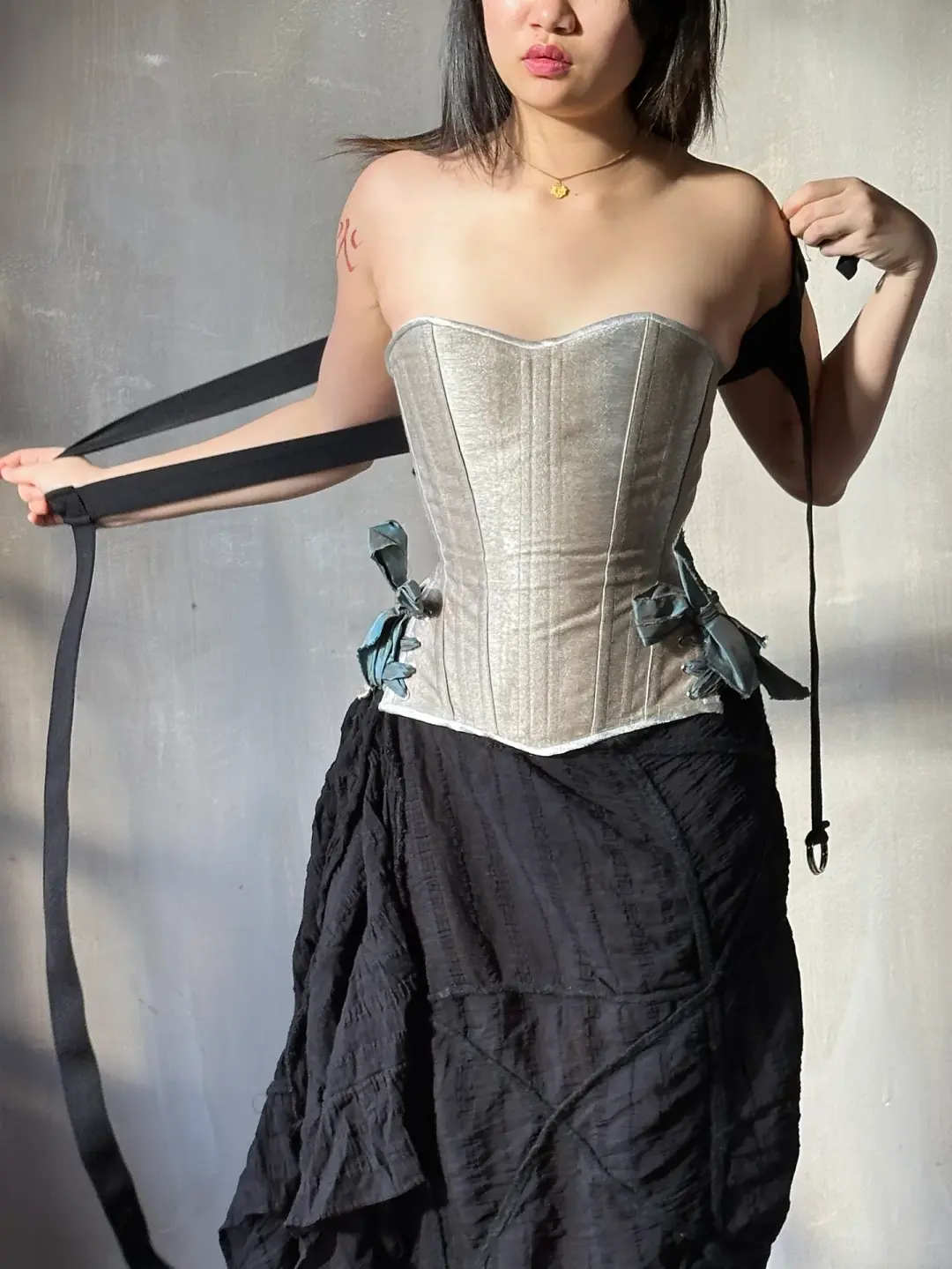 Sample Sale:  Overbust Corset w/ side slit in Silver (Size I & V)