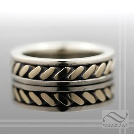 14k White and Yellow Gold Twist Wedding Band - Mixed Metal twisted inlay design