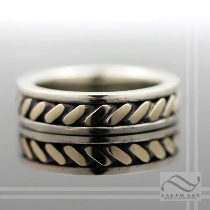 14k White and Yellow Gold Twist Wedding Band - Mixed Metal twisted inlay design