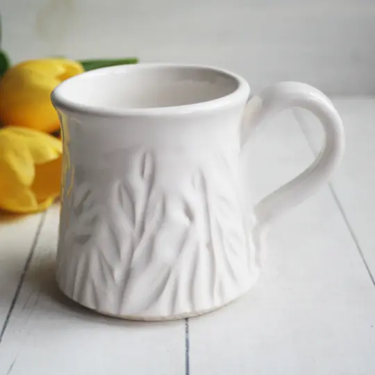 Hand Carved Shiny White Stoneware Mug, 13 Ounce Pottery Mug, Made in USA