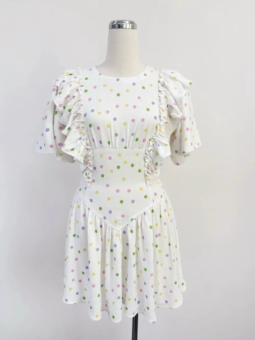 SAMPLE #413 - S Soft Linen Flutter Sleeve Mini Dress - Funfetti