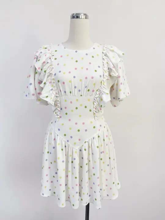 SAMPLE #413 - S Soft Linen Flutter Sleeve Mini Dress - Funfetti