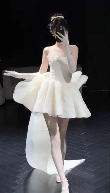 White tube top waist slimming fluffy cute gentle princess skirt homecoming dress R4155