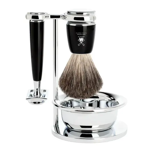 MÜHLE RYTMO 4 Pc. Shaving Set, Pure Badger Brush & Safety Razor, Black