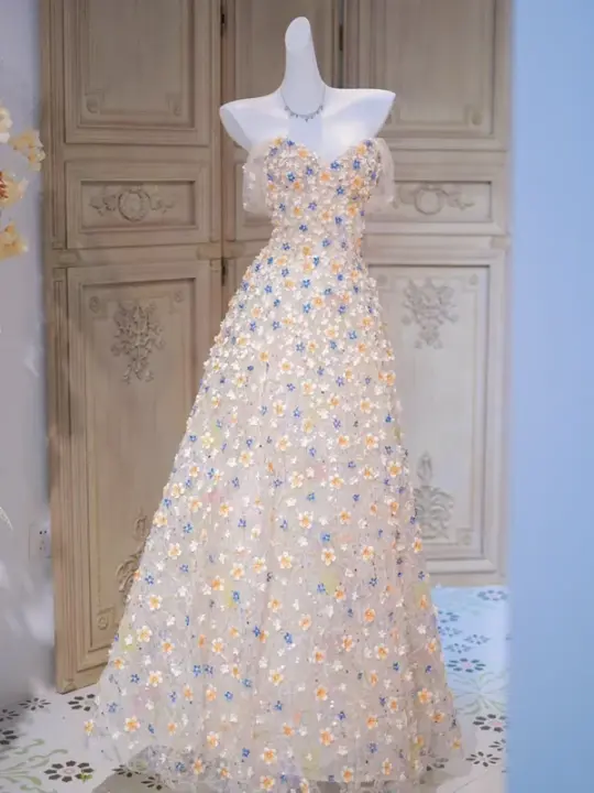 Apricot Off-the-shoulder Floral Waist Slim Fit A-line Long Ball Gown Bridal Gown R5857