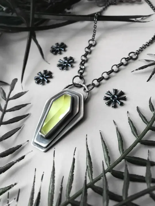 Coffin Necklace with Glowing Green Quartz