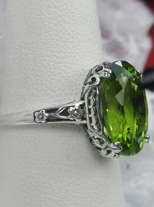 Natural Peridot Ring, Edwardian Revival Jewelry #D70