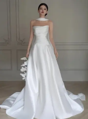 Minimalist White Silky A-Line Strapless Satin Corset Maxi Wedding Dress RS963