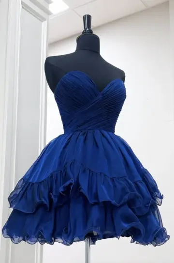 Elegant Navy A-Line Strapless Chiffon Corset Mini Prom Dress Homecoming Dress RS578