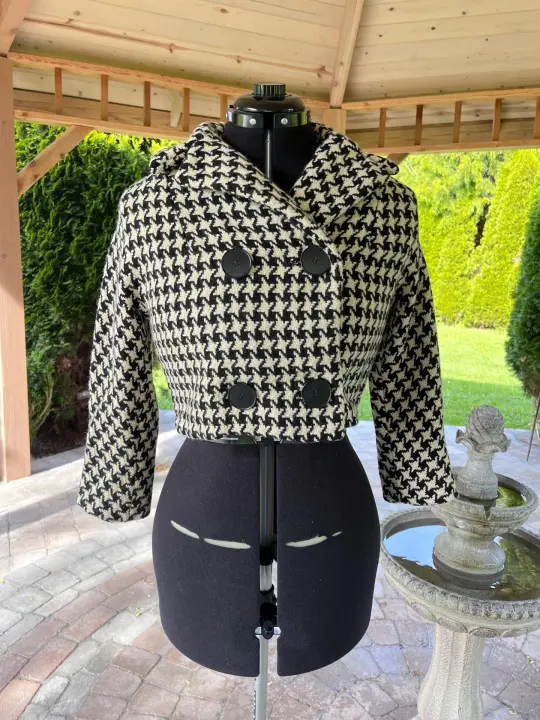 Cropped Vintage Fashionable Houndstooth Wool Jacket