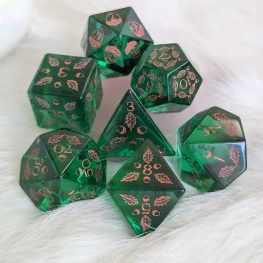 Acorn and Oak Green Glass Dice Set – Engraved DnD Dice | Fennek & Finch