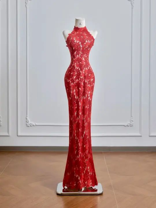 Red Chinese-style cheongsam with classic floral print, fitted waist and hip-hugging bodycon dress, ball gown, bridal gown R8209