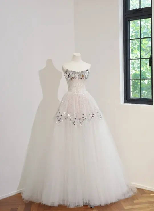 White sequined strapless, fitted waist, full skirt, long ball gown, bridal dress R8476