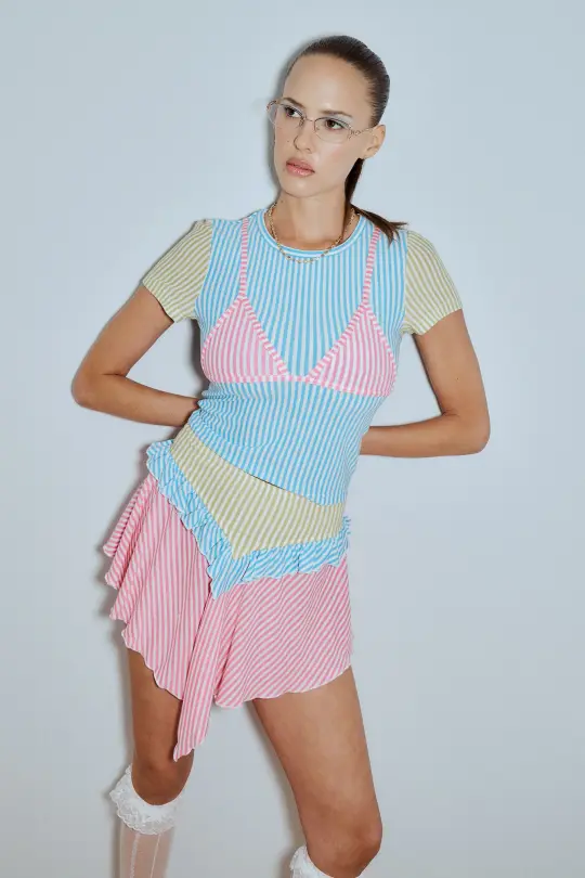 Bikini Bod Wool Blend Striped Tee in Candy Necklace