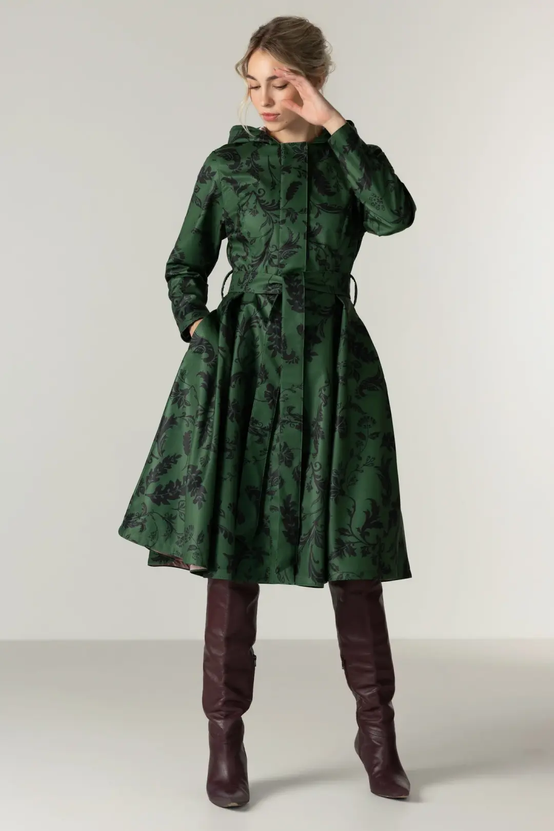 Fit and Flare Coat with Pleated Skirt in Green and Black | Forest Flower