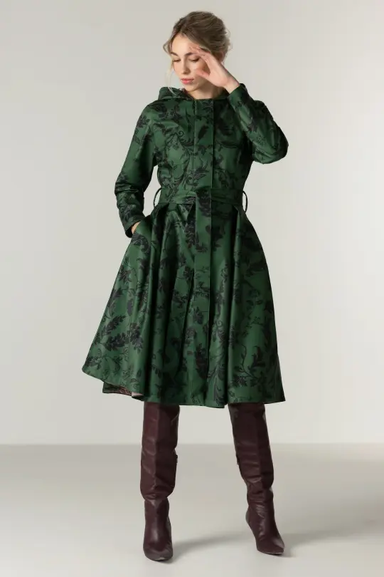 Fit and Flare Coat with Pleated Skirt in Green and Black | Forest Flower