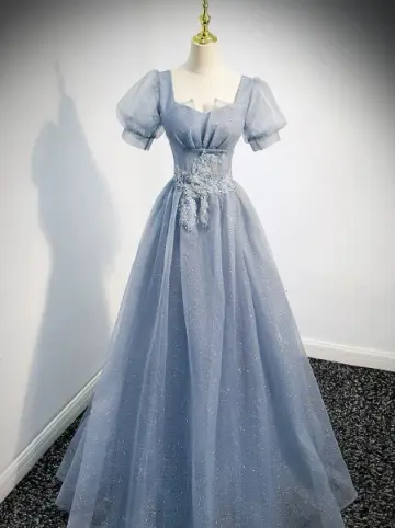Dreamy Blue Prom Gown , Tulle Sequins Elegant Corset Maxi Evening Dress RS1398
