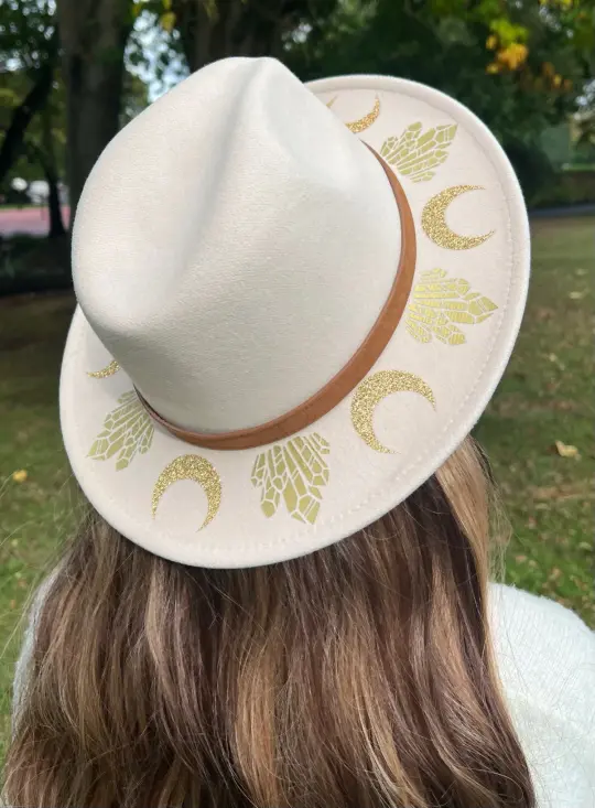 Cream Moons & Crystals Vegan Felt Wide Brim Hat