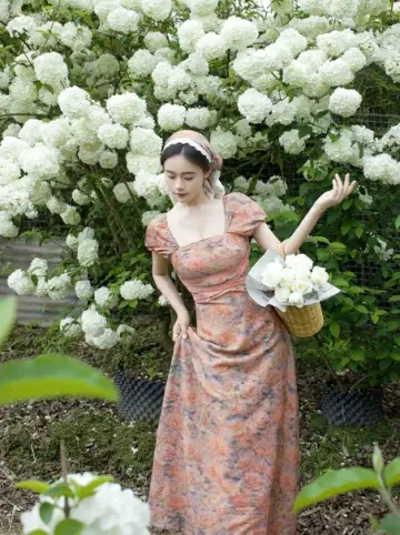 French Retro Orange Floral A-Line Square Corset Maxi Women Dress RS630
