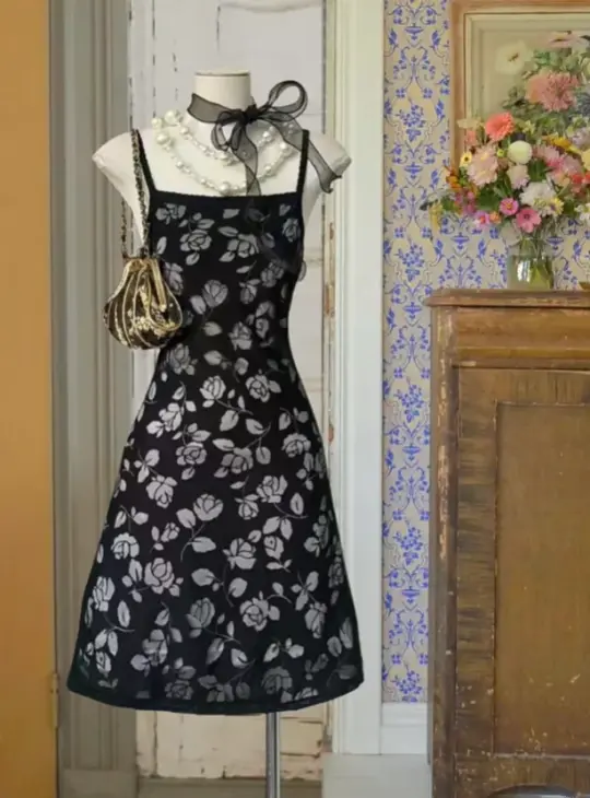 Black vintage floral print backless fitted A-line mini dress, prom dress R6248