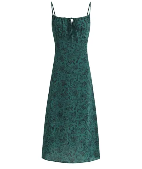 French holiday long green 2025 new dress with suspenders and prints R2606