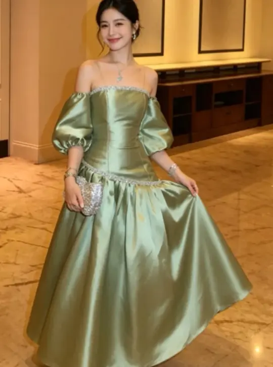 Silky Sleeves Satin Corset Prom Gown ,Sparkly Green Maxi Evening Dress Ball Gown RS2099