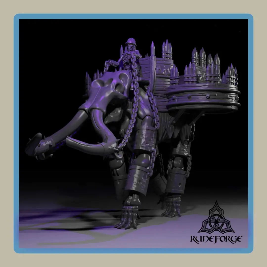 render of 28mm miniature skeleton crewed mammoth walking fortress