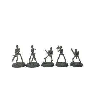 A front-view photograph of five unpainted grey resin skeleton warrior miniatures against a white background. The bare skeletal figures are dynamically posed mid-swing or in combat stances, wielding large two-handed greatswords. They are mounted on circular, cobblestone-textured bases.