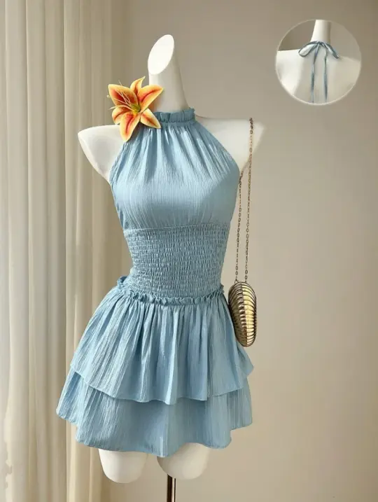 Elegant Blue Homecoming Dress ,A-Line High Collar Corset Short Prom Dress RS946