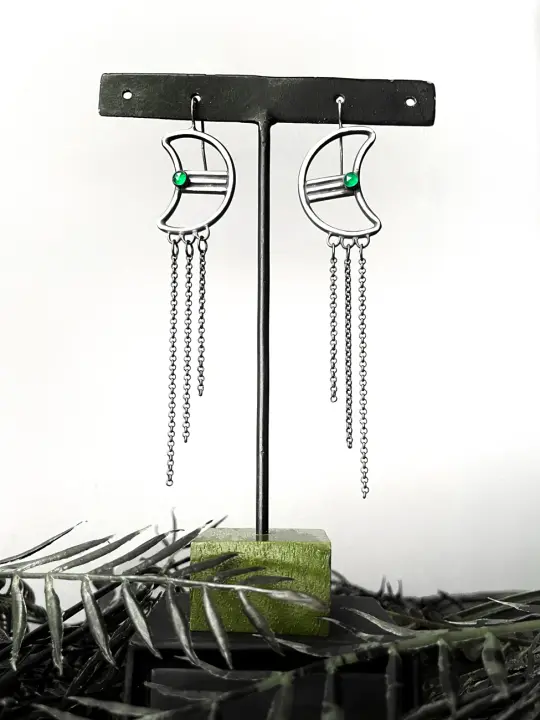 Art Deco Moon Earrings with Fringe