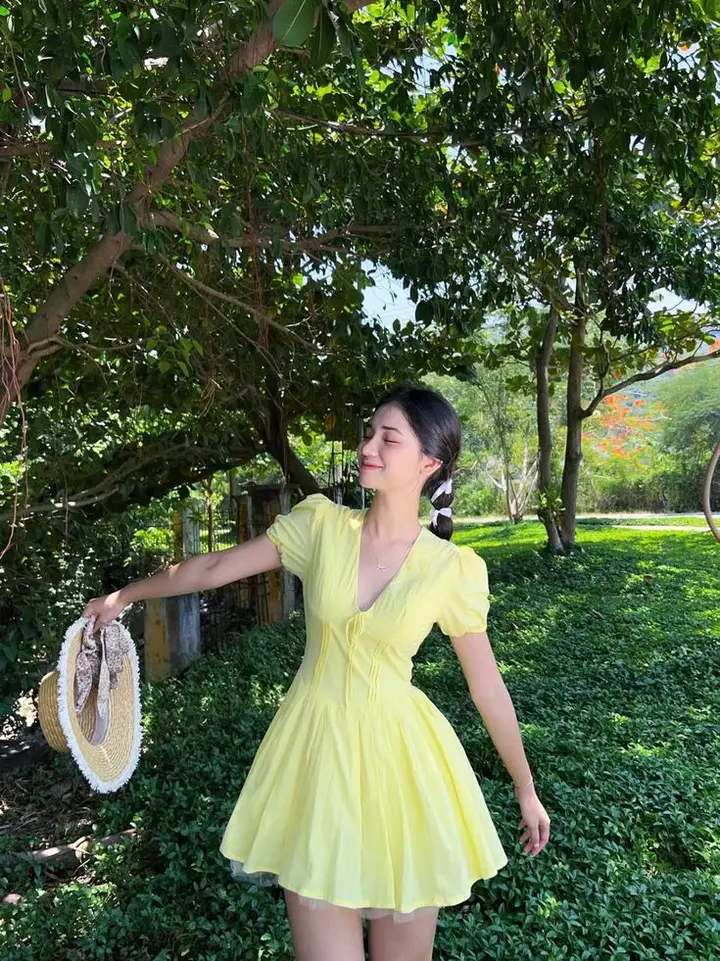 Yellow V-neck puff sleeves slim waist A-line short skirt homecoming dress R3428