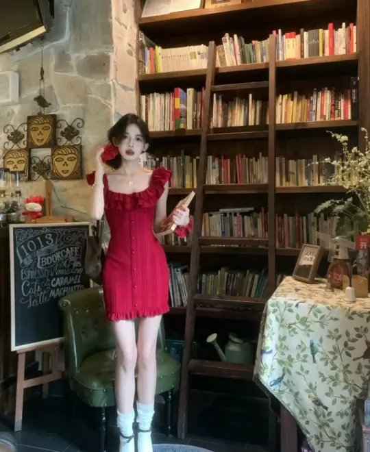 Red sexy cute waist slim A-line short skirt homecoming dress R3282