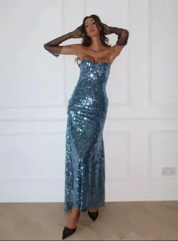 Slim Sequins Prom Gown ,Sparkly Blue Maxi Evening Dress Cocktail Dress RS2041