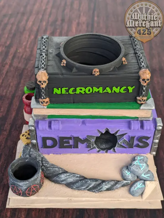 Warlock Spell Book 3D Printed Dice Tower - Mythic Mugs by Ars Moriendi 3D | Dice Tray | D20 Dice Vault - Channel dark magic from the abyss!
