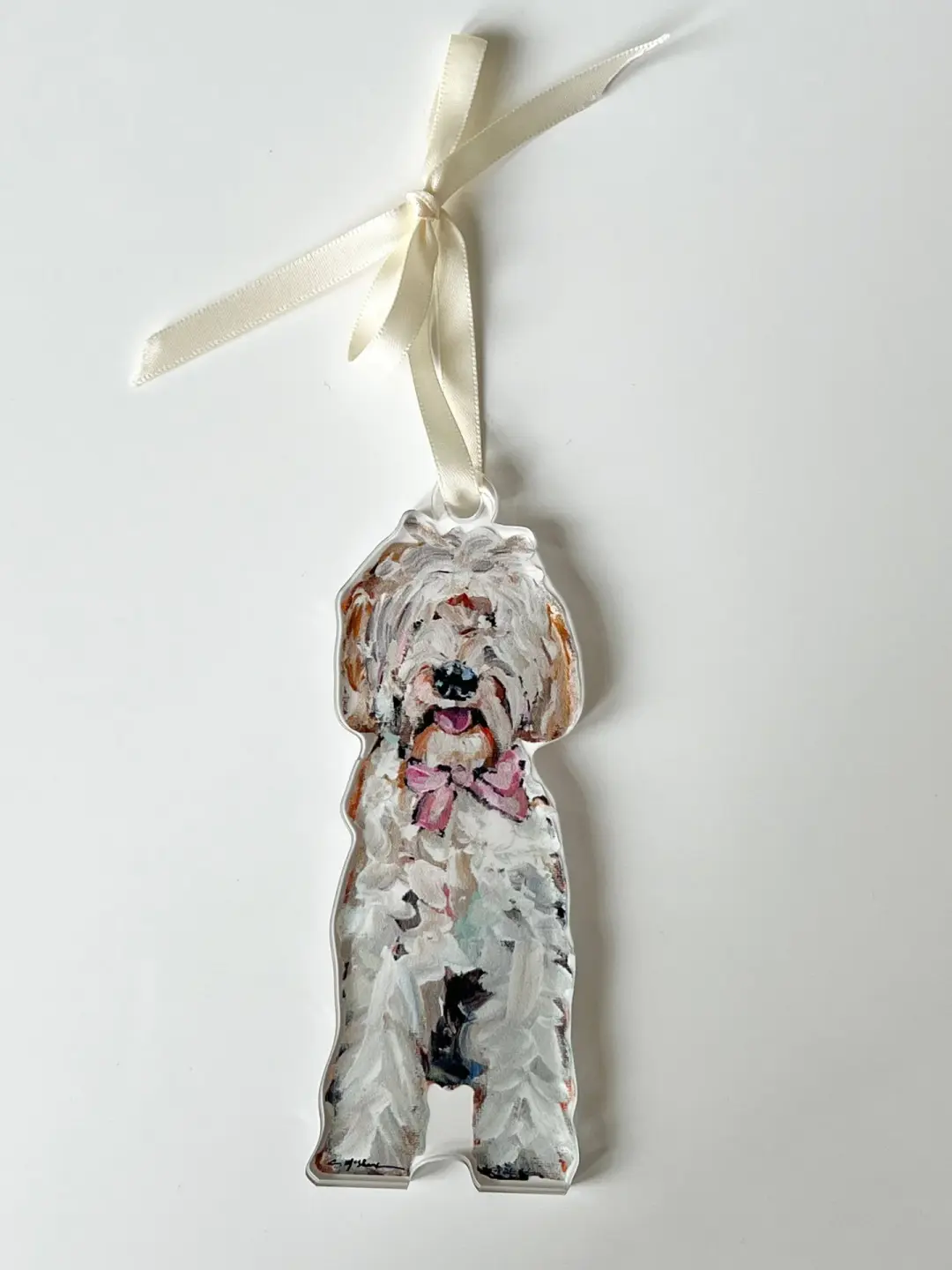 Goldendoodle with pink bow Acrylic Christmas Dog Ornament