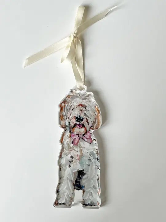 Goldendoodle with pink bow Acrylic Christmas Dog Ornament