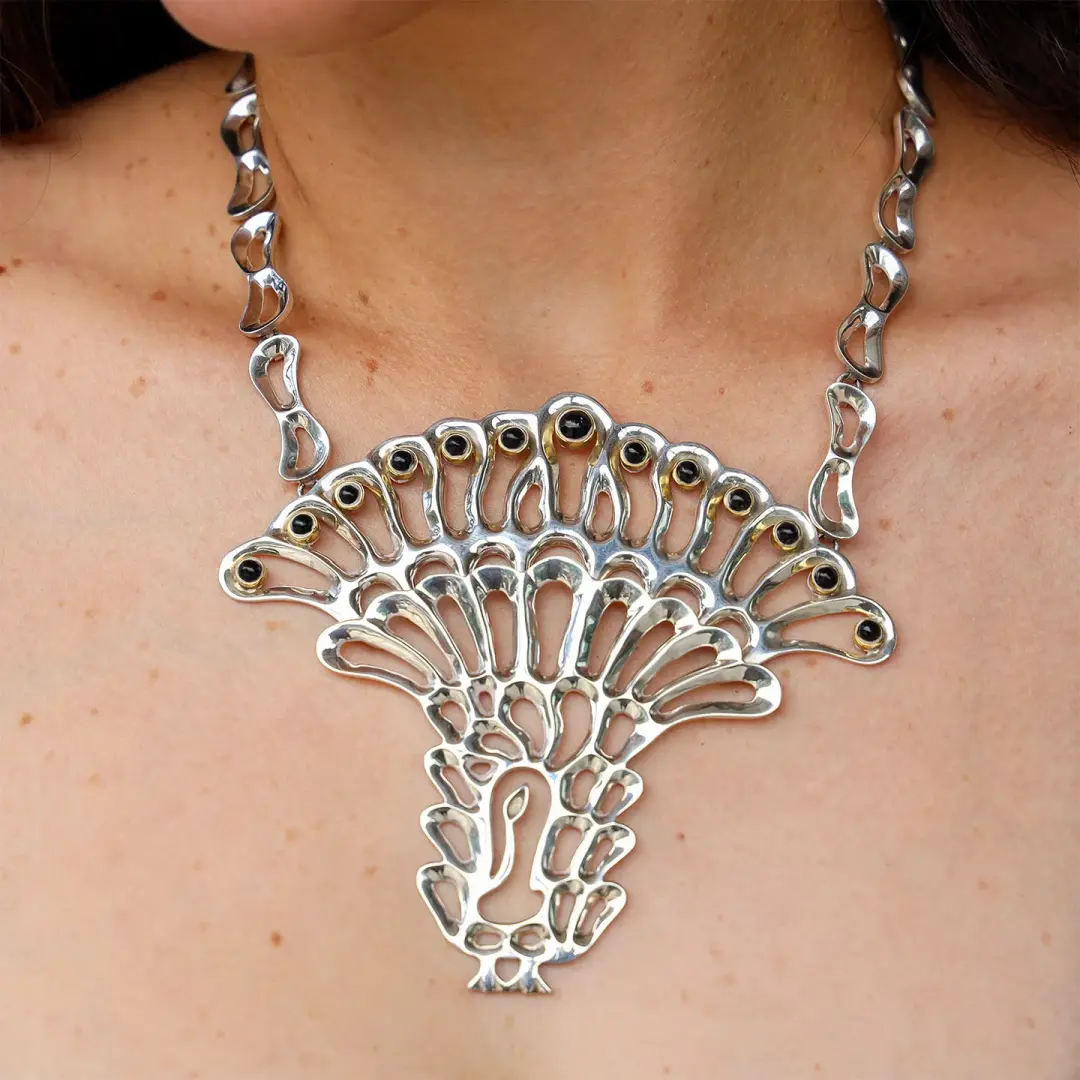 Vintage Sterling Silver Peacock Necklace with Onix Stones